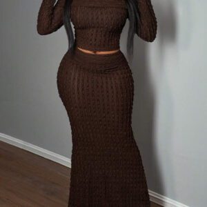 Slaydiva Ensemble 2 pièces élégant pour soirée, Top à épaules dénudées et manches longues et jupe pour femmes - A