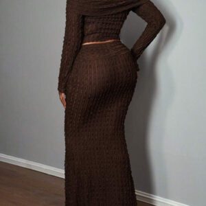 Slaydiva Ensemble 2 pièces élégant pour soirée, Top à épaules dénudées et manches longues et jupe pour femmes - A