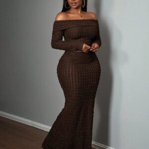 Slaydiva Ensemble 2 pièces élégant pour soirée, Top à épaules dénudées et manches longues et jupe pour femmes - A