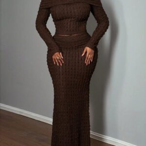 Slaydiva Ensemble 2 pièces élégant pour soirée, Top à épaules dénudées et manches longues et jupe pour femmes - A