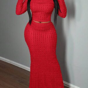 Slaydiva Ensemble 2 pièces élégant pour soirée, Top à épaules dénudées et manches longues et jupe pour femmes - A
