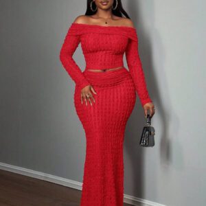 Slaydiva Ensemble 2 pièces élégant pour soirée, Top à épaules dénudées et manches longues et jupe pour femmes - A