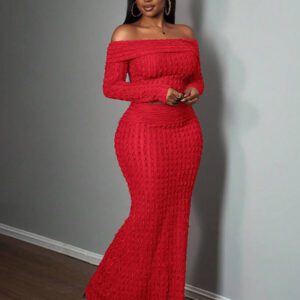 Slaydiva Ensemble 2 pièces élégant pour soirée, Top à épaules dénudées et manches longues et jupe pour femmes - A