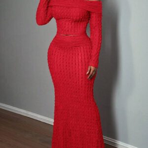 Slaydiva Ensemble 2 pièces élégant pour soirée, Top à épaules dénudées et manches longues et jupe pour femmes - A