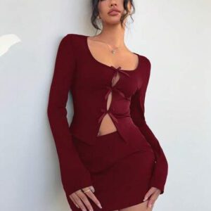 Aloruh Ensemble moderne pour jeune femme avec Top court moulant à col rond et nœud sur le devant + mini-jupe taille basse