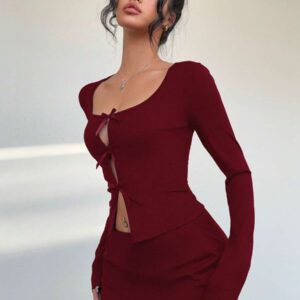 Aloruh Ensemble moderne pour jeune femme avec Top court moulant à col rond et nœud sur le devant + mini-jupe taille basse