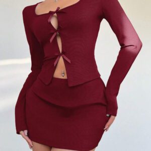 Aloruh Ensemble moderne pour jeune femme avec Top court moulant à col rond et nœud sur le devant + mini-jupe taille basse