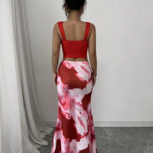 Elenzga 2 pièces Ensemble débardeur à encolure dégagée avec plis et jupe évasée, imprimé tie-dye romantique