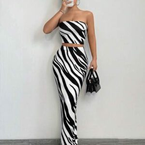 SHEIN SXY 2 pièces femmes été à la mode imprimé zèbre bustier tubulaire et jupe moulante ensemble