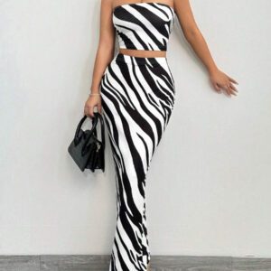 SHEIN SXY 2 pièces femmes été à la mode imprimé zèbre bustier tubulaire et jupe moulante ensemble