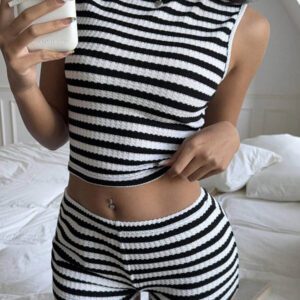 Comfortcana Ensemble 2 pièces débardeur et short décontractés à rayures roses et blanches, simple et à la mode pour l'été