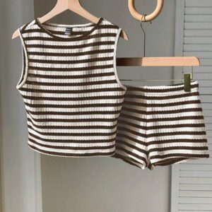 Comfortcana Ensemble 2 pièces débardeur et short décontractés à rayures roses et blanches, simple et à la mode pour l'été