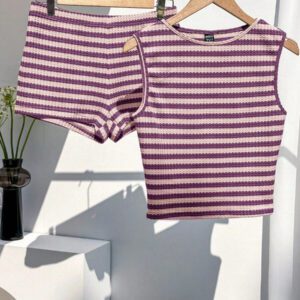 Comfortcana Ensemble 2 pièces débardeur et short décontractés à rayures roses et blanches, simple et à la mode pour l'été