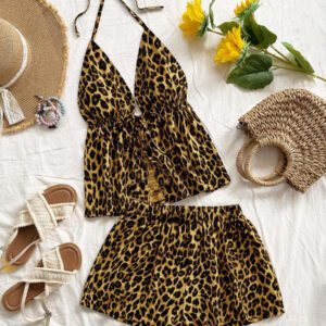 Soleia 2 pièces Ensemble femme chic de vacances classique avec imprimé léopard, débardeur à col V avec dos à fines bretelles et shorts amples super courts, pour un rendez-vous, une fête, la ville, les vacances