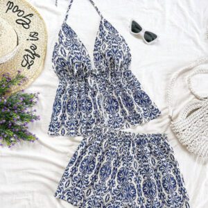 Soleia 2 pièces Ensemble femme chic de vacances classique avec imprimé léopard, débardeur à col V avec dos à fines bretelles et shorts amples super courts, pour un rendez-vous, une fête, la ville, les vacances