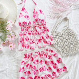 Soleia 2 pièces Ensemble femme chic de vacances classique avec imprimé léopard, débardeur à col V avec dos à fines bretelles et shorts amples super courts, pour un rendez-vous, une fête, la ville, les vacances