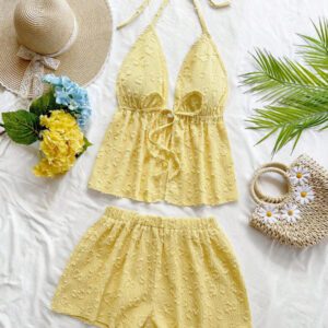 Soleia 2 pièces Ensemble femme chic de vacances classique avec imprimé léopard, débardeur à col V avec dos à fines bretelles et shorts amples super courts, pour un rendez-vous, une fête, la ville, les vacances