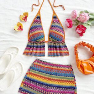 Soleia 2 pièces Ensemble top sans manches à col montant et short à volants, tenue d'été femme couleur contrastée