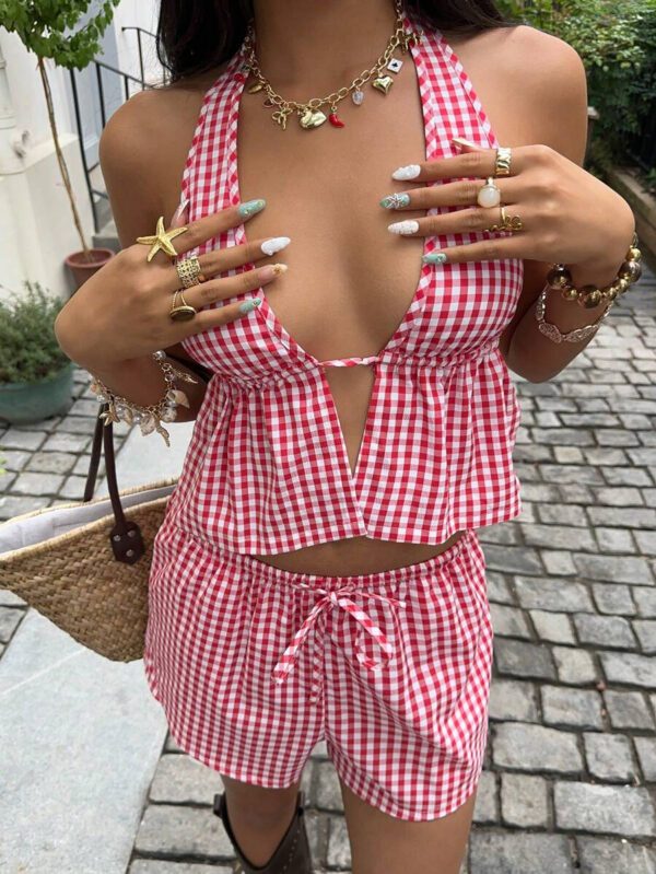 Sunnyshic Débardeur à col en V profond avec liens, dos nu, rayé bleu et blanc en lin, et short de plage décontracté ample à taille basse avec cordon de serrage. Tenue d'été sexy, mignonne, élégante et romantique pour femmes – Image 20