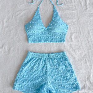 Soleia 2 pièces/set Tenue de vacances pour femme - Top à fines bretelles et short en maille texturée jaune pâle de style romantique campagnard doux et mignon, ensemble bohème, boho, floral romantique