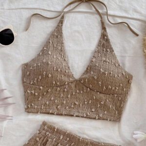 Soleia 2 pièces/set Tenue de vacances pour femme - Top à fines bretelles et short en maille texturée jaune pâle de style romantique campagnard doux et mignon, ensemble bohème, boho, floral romantique