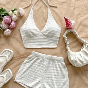 Soleia 2 pièces/set Tenue de vacances pour femme - Top à fines bretelles et short en maille texturée jaune pâle de style romantique campagnard doux et mignon, ensemble bohème, boho, floral romantique