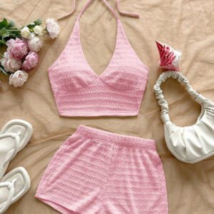 Soleia 2 pièces/set Tenue de vacances pour femme - Top à fines bretelles et short en maille texturée jaune pâle de style romantique campagnard doux et mignon, ensemble bohème, boho, floral romantique