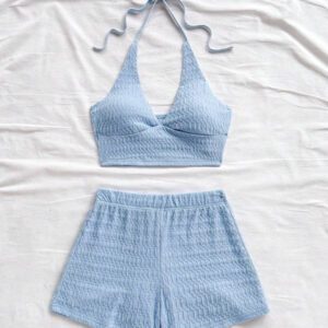 Soleia 2 pièces/set Tenue de vacances pour femme - Top à fines bretelles et short en maille texturée jaune pâle de style romantique campagnard doux et mignon, ensemble bohème, boho, floral romantique