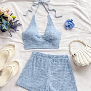 Soleia 2 pièces/set Tenue de vacances pour femme - Top à fines bretelles et short en maille texturée jaune pâle de style romantique campagnard doux et mignon, ensemble bohème, boho, floral romantique
