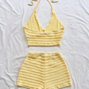 Soleia 2 pièces/set Tenue de vacances pour femme - Top à fines bretelles et short en maille texturée jaune pâle de style romantique campagnard doux et mignon, ensemble bohème, boho, floral romantique