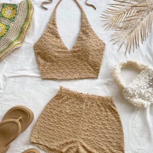Soleia 2 pièces/set Tenue de vacances pour femme - Top à fines bretelles et short en maille texturée jaune pâle de style romantique campagnard doux et mignon, ensemble bohème, boho, floral romantique