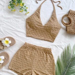Soleia 2 pièces/set Tenue de vacances pour femme - Top à fines bretelles et short en maille texturée jaune pâle de style romantique campagnard doux et mignon, ensemble bohème, boho, floral romantique