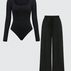 Chiquease 2 pièces/set Femmes combinaison décontractée à manches longues col rond de couleur unie et pantalon