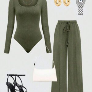 Chiquease 2 pièces/set Femmes combinaison décontractée à manches longues col rond de couleur unie et pantalon
