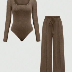 Chiquease 2 pièces/set Femmes combinaison décontractée à manches longues col rond de couleur unie et pantalon
