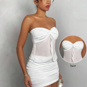 Glamine 2 ensembles de pièces Ensembles de corps transparents plissés de couleur blanche sexy sans manches. Ensembles pour sortir, pour l'anniversaire, pour les fêtes de vacances. Tenues de soirée pour femmes, robes femmes, robes courtes femmes