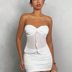 Glamine 2 ensembles de pièces Ensembles de corps transparents plissés de couleur blanche sexy sans manches. Ensembles pour sortir, pour l'anniversaire, pour les fêtes de vacances. Tenues de soirée pour femmes, robes femmes, robes courtes femmes