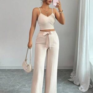 SHEIN PETITE Ensemble femme casual composé d'un débardeur à taille haute et d'un pantalon à jambes larges de couleur unie