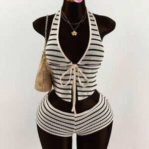 Amplova 2 pièces Set Short Mini à ceinture basse et à rayures avec col décolleté à nouer