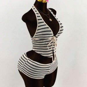 Amplova 2 pièces Set Short Mini à ceinture basse et à rayures avec col décolleté à nouer