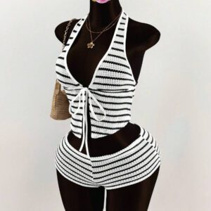 Amplova 2 pièces Set Short Mini à ceinture basse et à rayures avec col décolleté à nouer