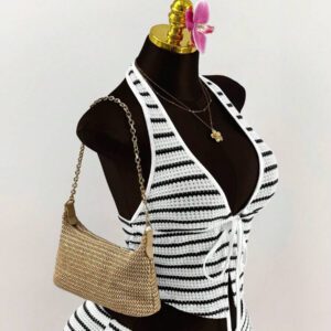 Amplova 2 pièces Set Short Mini à ceinture basse et à rayures avec col décolleté à nouer