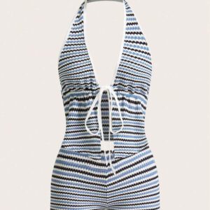 Amplova 2 pièces Set Short Mini à ceinture basse et à rayures avec col décolleté à nouer