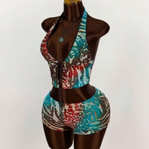 Amplova 2 pièces Set Short Mini à ceinture basse et à rayures avec col décolleté à nouer