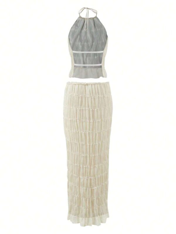 Robe longue à volants en mousseline d'abricot, avec garniture en dentelle, dos nu, ensemble de 2 pièces romantique et élégant pour femmes, pour Halloween, fête, gothique, mariage – Image 10