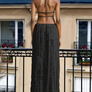 Robe longue à volants en mousseline d'abricot, avec garniture en dentelle, dos nu, ensemble de 2 pièces romantique et élégant pour femmes, pour Halloween, fête, gothique, mariage