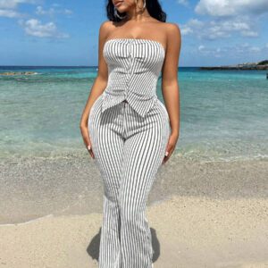 SHEIN SXY Ensemble sexy d'été pour dames composé d'un haut vert à tube avec bouton et de pantalons évasés
