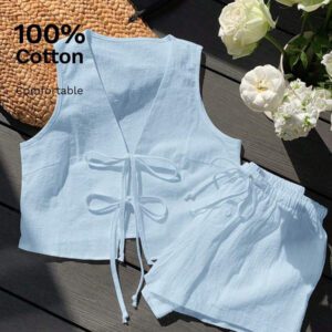 Comfortcana Femmes Débardeur court unicolore à nouer devant et short Ensemble 2 pièces décontracté Vêtements d'été Femmes Ensemble deux pièces