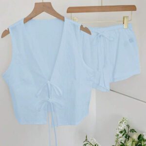 Comfortcana Femmes Débardeur court unicolore à nouer devant et short Ensemble 2 pièces décontracté Vêtements d'été Femmes Ensemble deux pièces