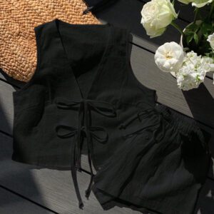 Comfortcana Femmes Débardeur court unicolore à nouer devant et short Ensemble 2 pièces décontracté Vêtements d'été Femmes Ensemble deux pièces